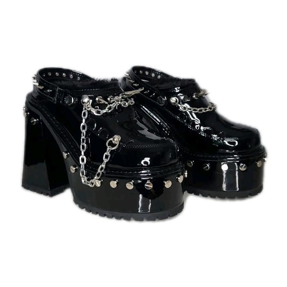 Widow Righteous Rebel Spike Platform Mules Vegan Patent Fur Trim Heels 9M - Picture 3 of 10